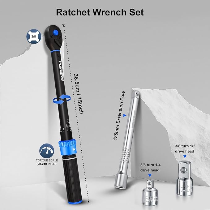 3/8'' Moto Torque Wrench Set 10-110 FT.LB/13.6-149.2 Nm, 72-Tooth Dual-Direction Adjustable Drive Click Torquimetro, Includes 5" Extension Bar & 1/2"/1/4" Adapters for Car/Moto Repair