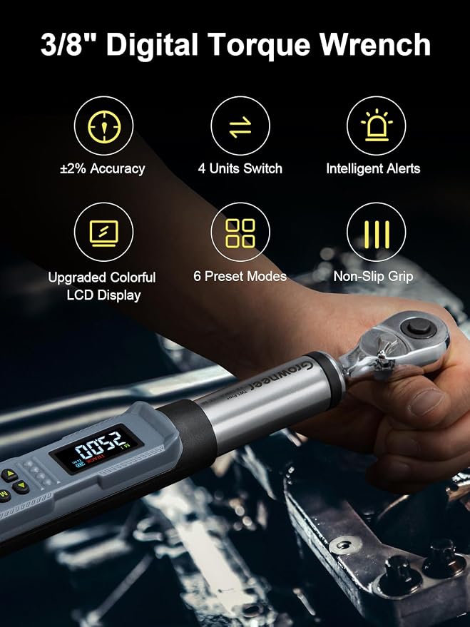 GROWNEER Digital Torque Wrench, 5-99.6 Ft-lbs/6.8-135 Nm, 3/8'' Drive Rachet Torque Wrench with Buzzer & Colorful LED Indicator, Electronic Torque Wrench Set for Bike Motorcycle Car Tire Auto Repair