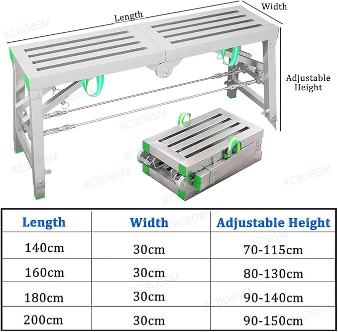 Adjustable Work Platform with 800 lb Duty Rating, Portable Multipurpose Folding Scaffolding Work Platform Scaffold Tower Ladder Stool Bench Adjustable Height, Carbon Steel Structure,160cm/5.2ft