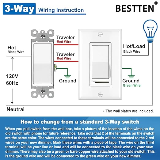 BESTTEN 6 Pack Dimmer Light Switch, LED Dimmer Switch, Single-Pole or 3-Way, for Dimmable LED, Halogen and Incandescent Bulbs, 120V, Wall Plate Included, UL Listed, White