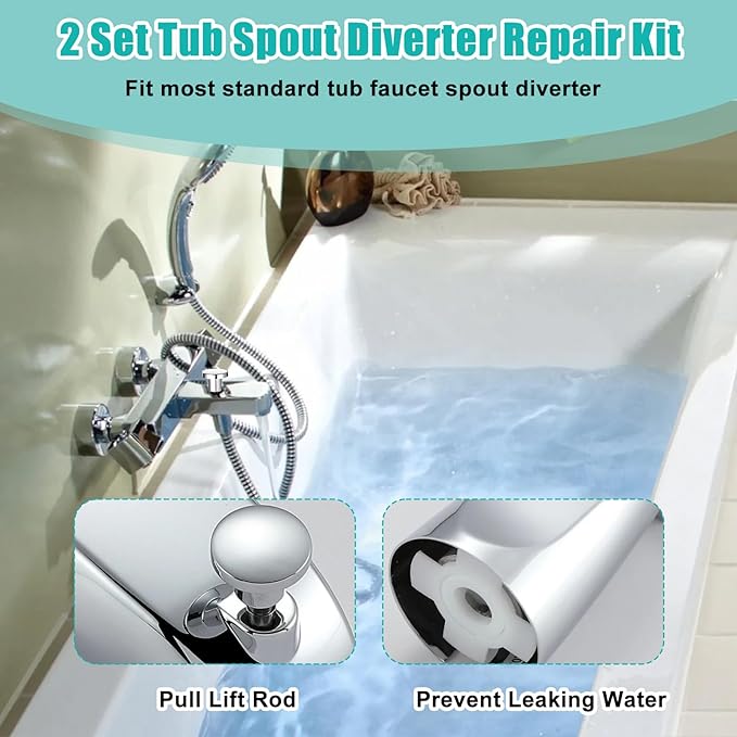 2 Set Tub Spout Diverter Repair Kit, Includes 2 x Diverter Valve Stems, 2X Cup Seals, 2X Gates, Shower Diverters Repair Kit, Bathroom Shower Bathtub Leaky Faucet Repairs Replacement Parts (Silver)