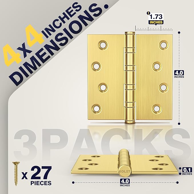 KOLET Ball Bearing Brushed Gold Door Hinges, 4 x 4 Inches Brass Gold Door Hinges, Square Corner, Stainless Steel Hinges, Heavy Duty, Smooth and Non Removable Pin, Brushed Gold, 3 Pack