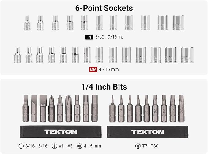 TEKTON 1/4 Inch Drive 12-Point Small Engine Socket Set, 50-Piece | SKT07907 | (5/32 - 9/16 in., 4 - 15 mm, Phillips #1 - 3, Slotted 3/16 - 5/16 in., T7 - T30), Shallow, Zipper Case, Custom Foam
