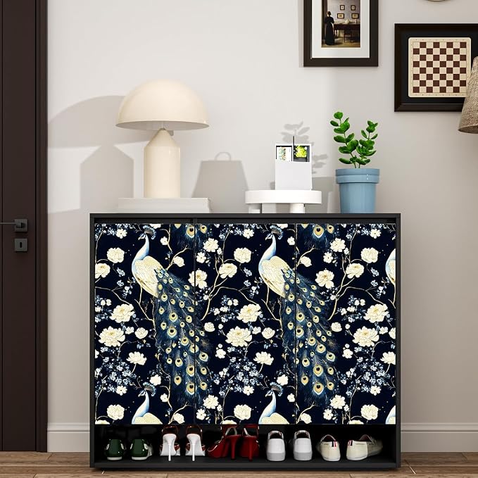 Black Vintage Peacock Peel and Stick Wallpaper 17.5" x 393" | Waterproof Vinyl Self Adhesive Removable Renter Friendly Floral Contact Paper