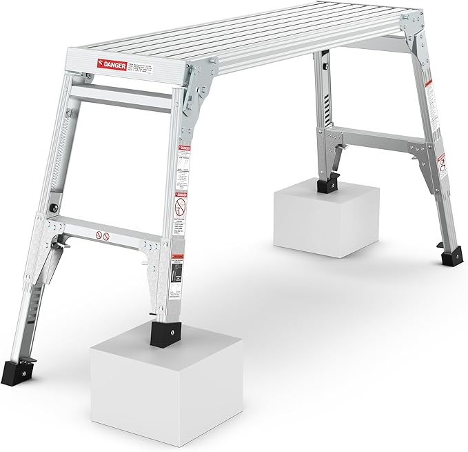40" Aluminum Folding Work Platform/Step Stool with Telescoping Legs 22" - 27.5" Height Adjustable - 225 lbs, Non-Slip, Portable Ladder Bench for Washing, Painting