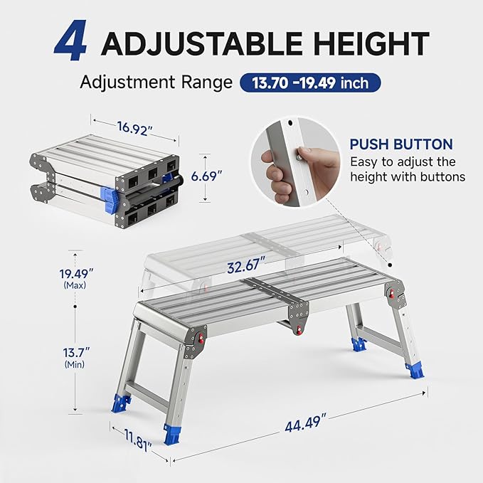 Loyoda Adjustable Folding Work Platform 500 lbs - Lightweight Aluminum Step Stool Ladder for Washing Vehicles, Cleaning, Painting, Reaching High Items | Standard Size 33" x 12" x 19.5”