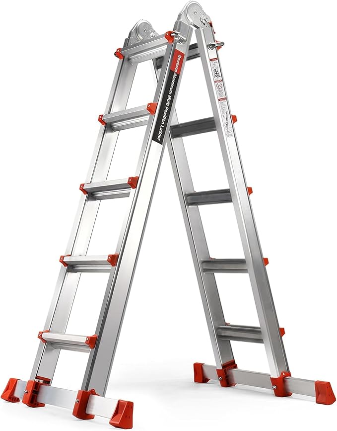 Soctone Ladder, A Frame Extension Ladder, Multi Position with Stabilizer Bar, 330 lbs Weight Rating Telescoping Ladder for Household or Outdoor Work, 17.5 Ft, Orange