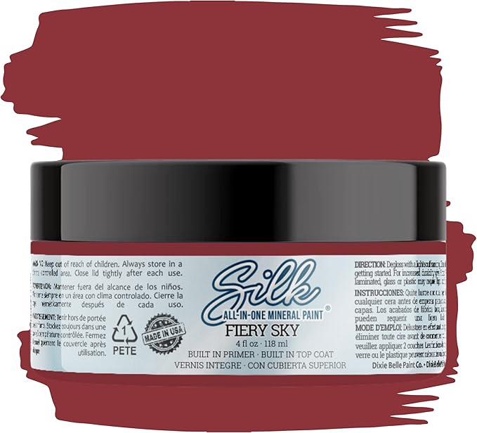 Dixie Belle Silk All-in-One Mineral Paint - Fiery Sky (4 oz) - Rich Red Water Based Built-In Primer + Topcoat for Wood + Metal - Durable Furniture Paint - Low Reflective Finish