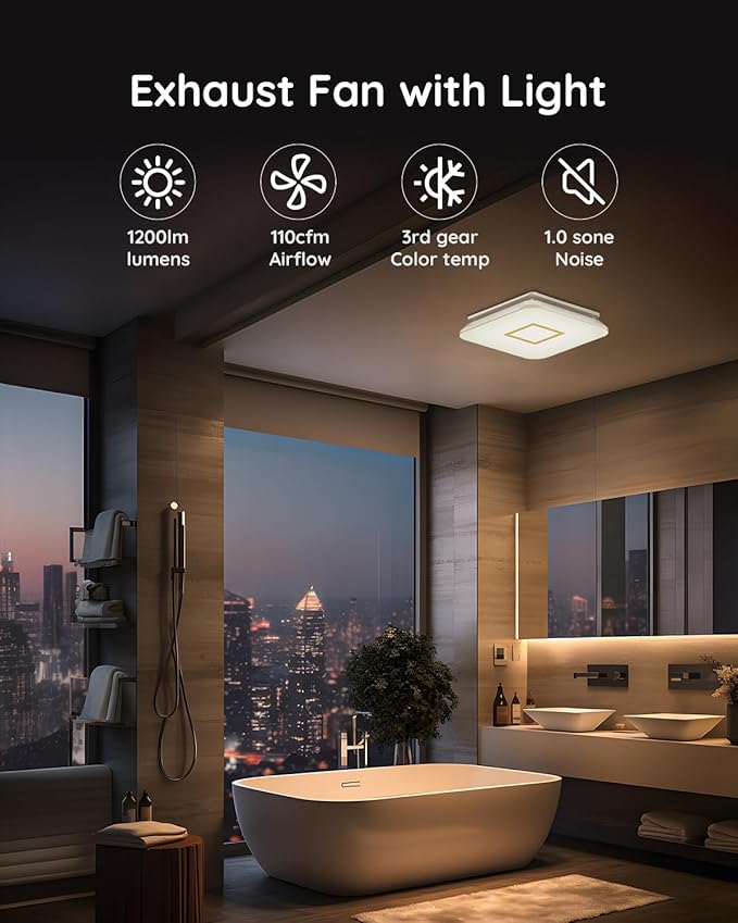 Fitop Bathroom Fan with Light,110CFM 1.0 Sones 1200lm LED Light 3000K/4000K/5000K Selectable,120V 43W Quiet Bathroom Ventilation Exhaust Fan for Shower/Restroom/Office/Home(gold)