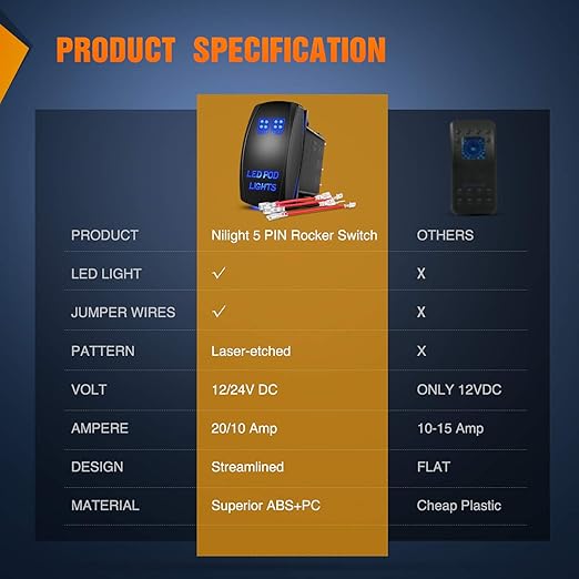 Nilight LED POD Lights Rocker Switch Led Light Bar Switch 5Pin Laser On/Off switches 20A/12V 10A/24V Switch with Jumper Wires Set for Cars,Trucks,RVs,2 Years Warranty
