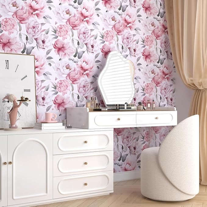Light Large Floral Peel and Stick Wallpaper 17.5" x 118",Pink/White | Self Adhesive/Removable/Waterproof/Thick Vinyl Contact Paper for Bathroom Bedroom Shelf Cabinet Drawer,Prepasted,Easy Peel