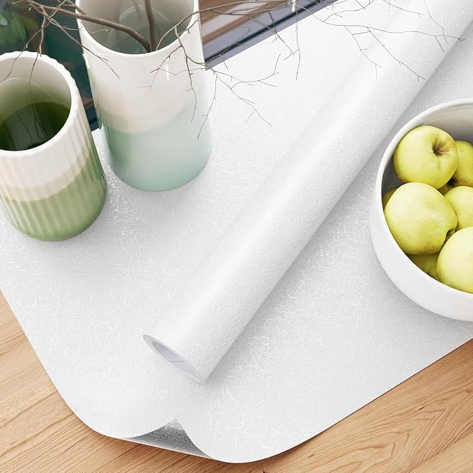 White Textured Wallpaper Peel and Stick Silk Embossed Vinyl Contact Paper | 15.7" x 787.4" Removable Wrap Paper for Cabinet - New Environmentally Friendly Upgrade Wall Paper for Cabinets Shelves