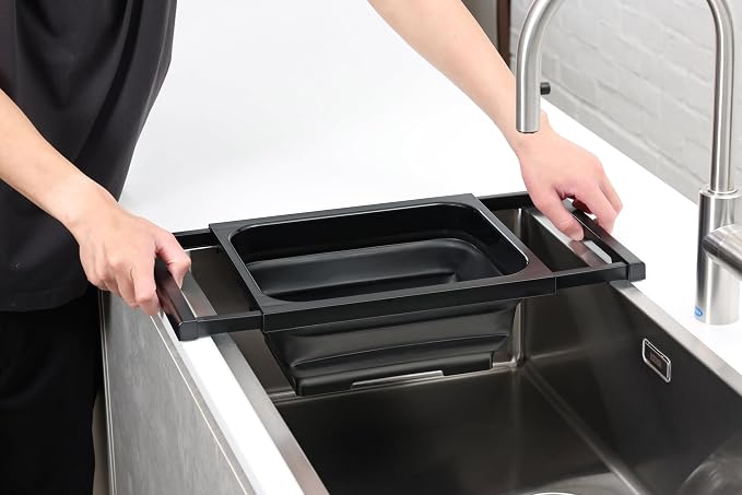BLKP. Pearl Metal Sink, Sliding, Foldable, Includes Drain Stop, Compact, Storage, Made in Japan, Black