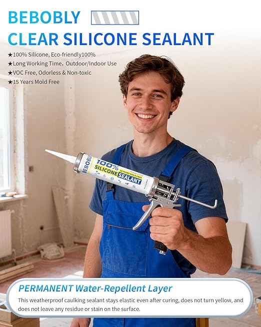 Silicone Caulk & Sealant Clear, 100% Waterproof Silicone Sealant, Shrink & Crack Proof, Silicone Caulking for Kitchen, Bathroom, RV, Interior & Exterior Use, 10.2 FL. OZ/300ML, 4 Pack