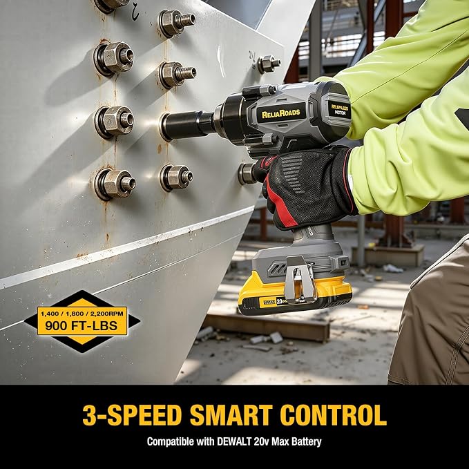 900 Ft-lbs Cordless Impact Wrench, 1/2 Inch Impact Gun Compatible Dewalt 20V Battery, Brushless Constant High Torque Impact Driver with 3 Speed, Tool Only (No Battery Included)