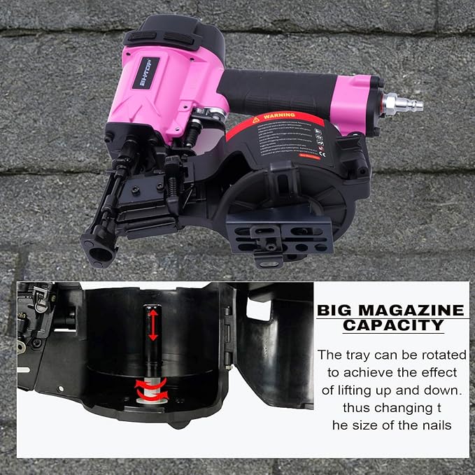 CN45N Roofing Nailer, 15 Degree Roofing Nail Gun, 3/4-Inch to 1-3/4-Inch Coil Nails, 120-pcs Load Capacity Coil Nailer in Pink