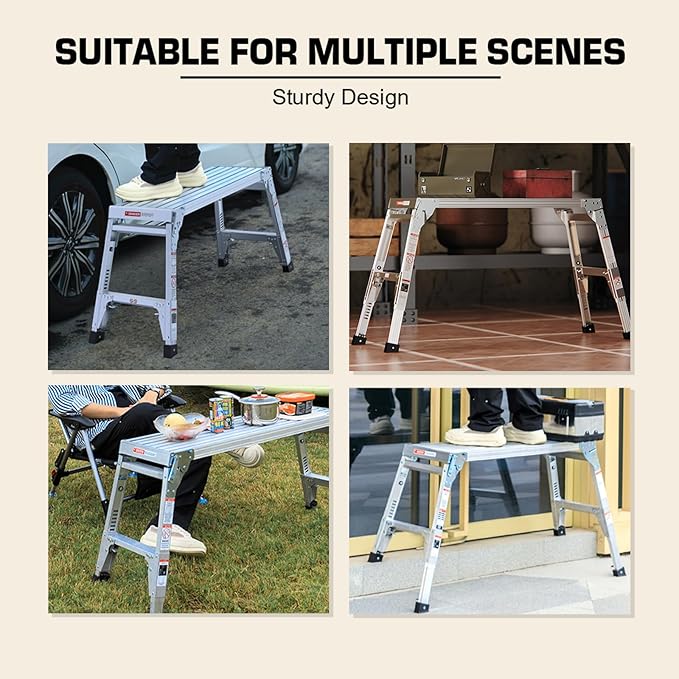 40" Aluminum Folding Work Platform/Step Stool with Telescoping Legs 22" - 27.5" Height Adjustable - 225 lbs, Non-Slip, Portable Ladder Bench for Washing, Painting