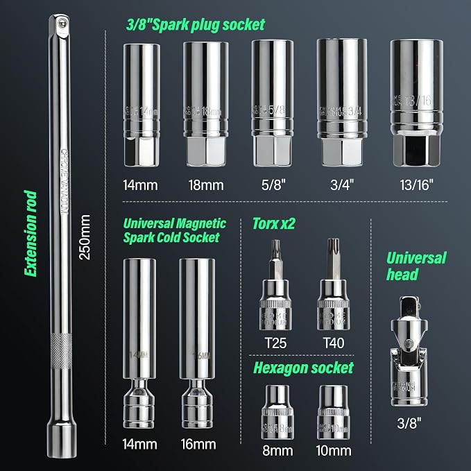 14PCS 3/8 Drive Torque Wrench 5-45ft.lb, Magnetic Spark Plug Socket Set with 3/8" Universal Joint & 10" Extension Rod, Cr-V Steel Swivel Sockets for Automotive Tools
