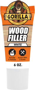 Gorilla All Purpose Wood Filler, White, Wood Filler, 6 Ounce Tube (Pack of 1) - Water Resistant for Indoor or Outdoor Projects and Repairs