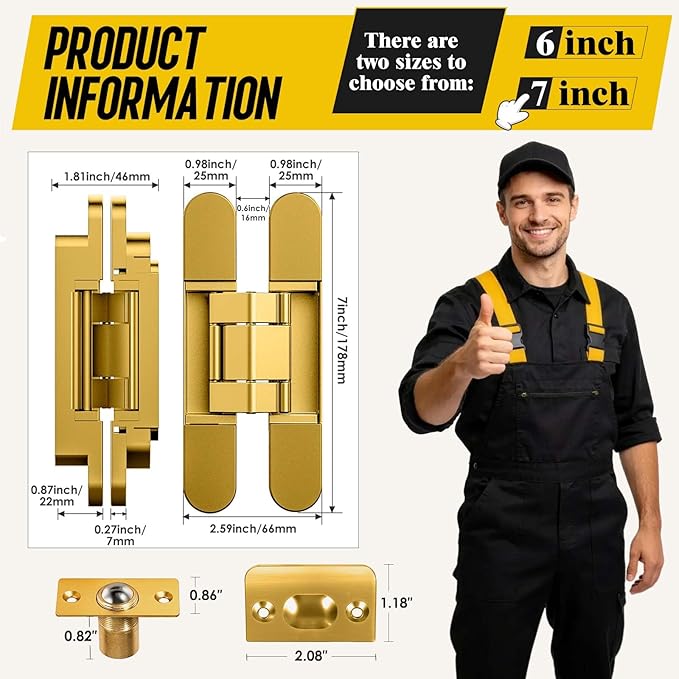 6inch Hidden Door Hinge,Concealed Hinges,Hidden Door Hardware kit,Invisible Door Silent 180 Degree Swing Hinge 3-Way Adjustable Butt 6 x 2.5 x 1inch (Gold, 7 inches)
