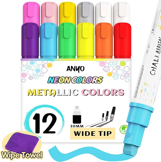Anyo 12 Pack Chalk Markers for Blackboard, Window Paint with 10mm 3-in-1 Wide Nib Tip, Metallic & Neon Color Wet Erase Window Markers for Glass Washable, Glass, Mirror, Blackboard, Bistro, Menus