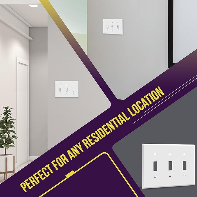 ENERLITES Triple Light Switch Wall Plate, Gloss Finish, Standard Size 3-Gang 4.50" x 6.38", Unbreakable Polycarbonate Thermoplastic, 8813-W, White