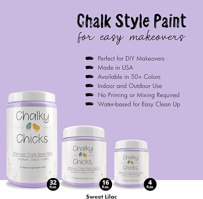 Chalky Chicks 32 Fl Oz Matte Sweet Lilac (Light Purple) Chalk Paint for Furniture Without Sanding - No Prep Furniture Paint No Sanding All in One for Crafts, Wood, Cabinet, Metal, Dresser, Farmhouse