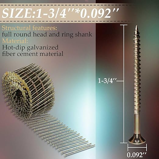 Hotop 3600 Count Siding Nails, 15-degree Wire Collated Coil Siding Nails, Full Round Head Mild Steel Nail for Sheathing Decking Fencing Attachment Replacement Parts(1 3/4 Inch)