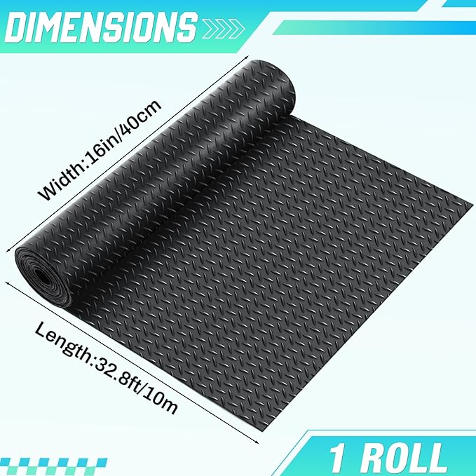 Breling 16 in x 32.8 ft Rubber Flooring Rolls Mats, Heavy Duty Diamond Plate Garage Floor Mat, PVC Water/Stain Outside Resistant Parking Rv Trailer Flooring(Black)