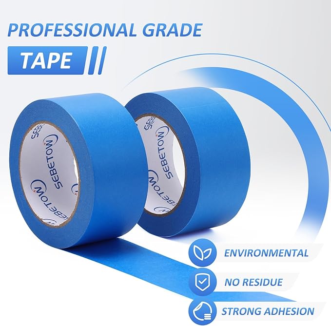 SEBETOW 10 Rolls Painters Tape 2 inch Bulk Painter Tape Blue Wide Roll, Blue Masking Tape, 2 Inches x 55 Yards for General Purpose Wall Painting, Home Improvement