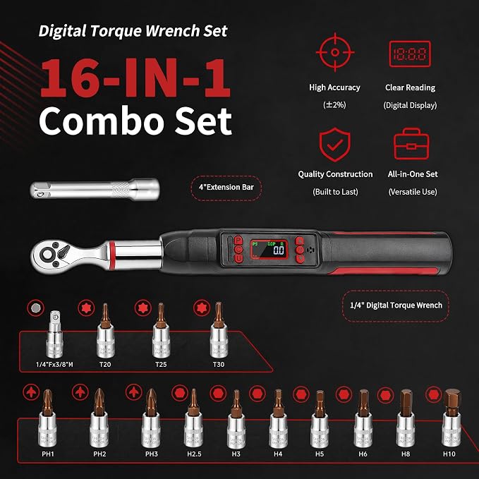 1/4" Digital Torque Wrench Set, 0.74-48 Ft-Lb(1-65Nm), ±2% CW Accuracy, Peak & Track Mode, Backlit LCD, 4" Extension Bar, Adapter, Universal Joint, Sockets Bits for Bicycle Motorcycle Auto DIY Repair