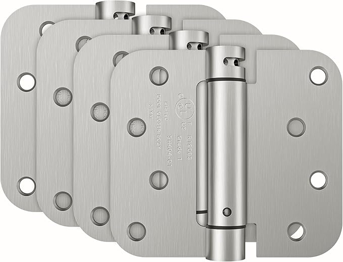 HOSOM 4 Pack Brushed Nickel Self Closing Door Hinges, 4 Inch 5/8'' Radius Corners Spring Door Hinge, Adjustable Tension for Garage, Front Door, Back Door, UL Listed, for Left and Right Hand Door