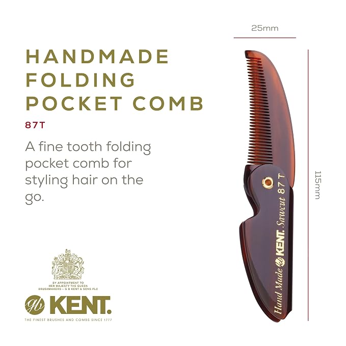Kent 87T Handmade Folding Pocket Comb for Men, Fine Tooth Hair Comb Straightener for Everyday Grooming Styling Hair, Beard or Mustache, Use Dry or with Balms, Saw Cut Hand Polished, Made in England