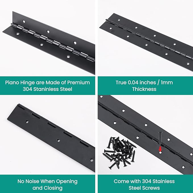 2Pcs 8inch Black Heavy Duty Continuous&Piano Hinges,1.2" Open Width Stainless Steel Piano Hinge with Holes and Screws,Working for Wood Box,Wood Furniture,Piano Cabinets.