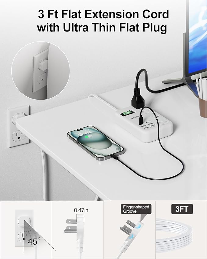 6 USB(2 USB C) Travel Power Strip- Flat Plug Extension Cord 3 Feet with 4.8A 24W USB Charging Station and 4 Outlets, 3 FT Short Extension Cord Portable for Travel Cruise Office College Dorm