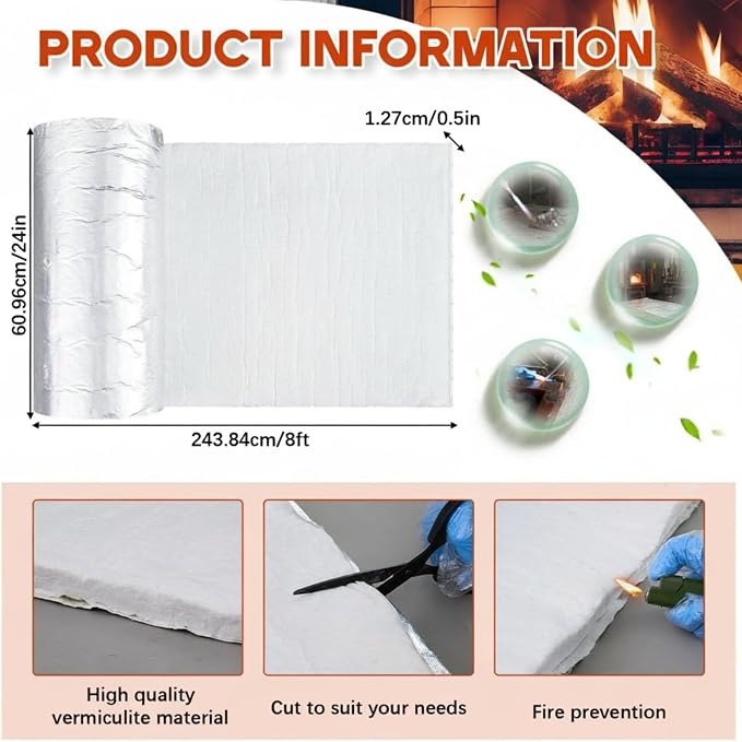 Aluminum Foil Faced Ceramic Fiber Blanket 24" x 96" 8# 2400 F Ceramic Fiber Insulation for Kiln Furnace Chimney Fireplace HVAC Welding Soldering Oven Stove Pipe Insulation (1/2 Inch)