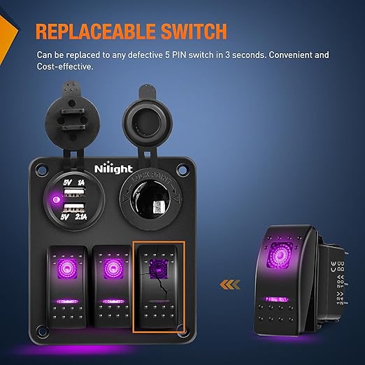 Nilight 3 Pack Rocker Switches with Night Glow Stickers On Off 5 PIN SPST LED Switch Pinkish Purple Backlit 12V/24V for Cars Trucks RVs Boats Auto Motorcycles