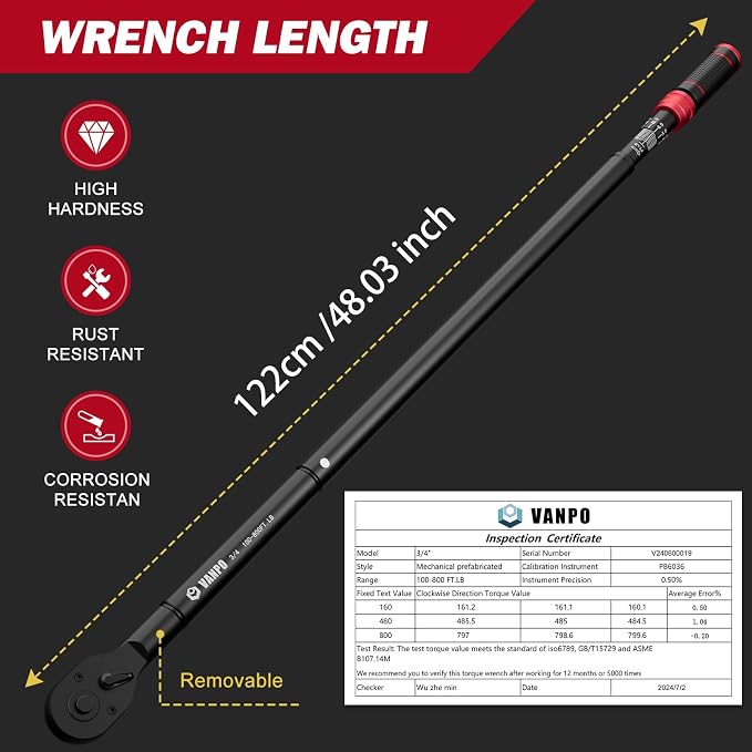VANPO 3/4-inch Drive Click Torque Wrench, 100-800Ft-Lb, for Car, Truck | 135.5-1084Nm,48.03'' Length, Dual-Direction,48-Tooth, Heavy Duty Torque Wrench Set with a Hex Key for Tractor