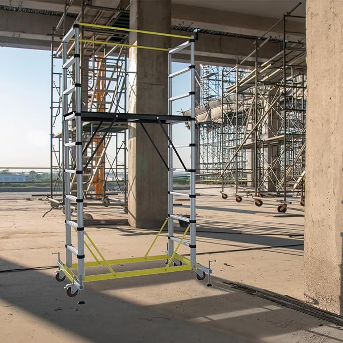 APARECIUM 10' Aluminum Scaffold Tower, Multipurpose Rolling Scaffolding Work Platform, Utility Scaffolding Tower, Adjustable Work Platform with Hatch Deck and Guard Rail, 500 Lbs Duty Rate