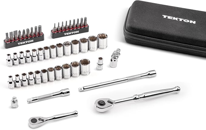TEKTON 1/4 Inch Drive 12-Point Small Engine Shallow Socket, Bit, and Quick Release Ratchet Set with Case (50-Piece) | SKT07906 | (5/32 - 9/16 in., 4 - 15 mm, Phillips #1 - 3, Slotted 3/16 - 5/16 in., T7 - T30), Shallow, Zipper Case, Custom Foam
