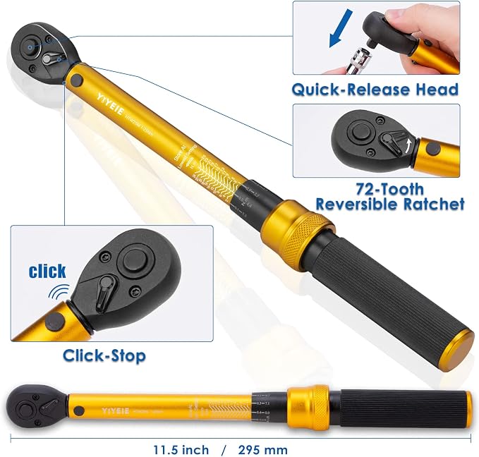 YIYEIE 1/4 Inch Drive Bike Torque Wrench, 1-25 Nm (10-222.5 in.lb) | 27 PCS Click Bicycle Torque Wrench with Bit Sockets, 0.1 Nm Micro, 72-Tooth Ratchet, 3/8 Adapter, for MTB, E-Bike, Motorcycle