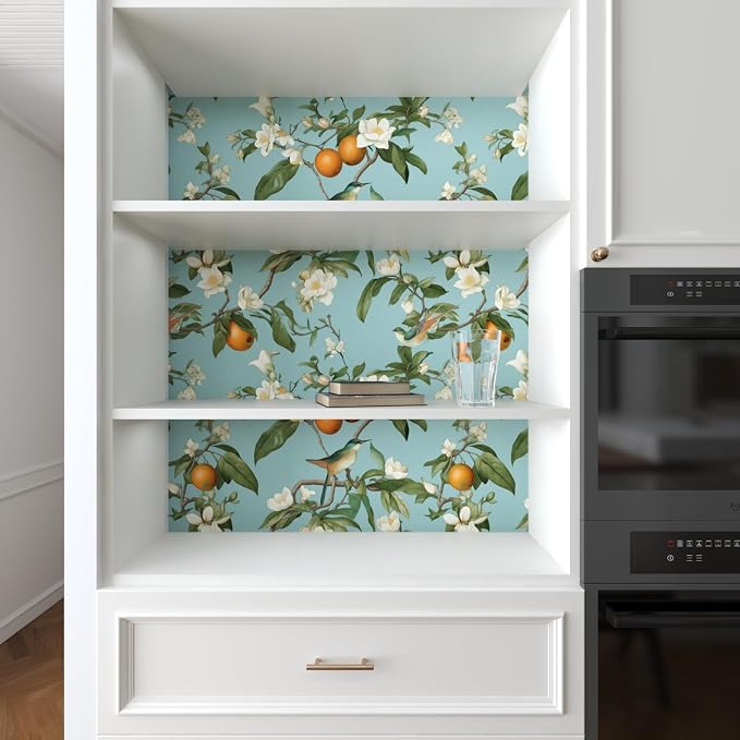 Laatse Blue Floral Wallpaper Peel and Stick, Vintage Bird Leaf Fruit Contact Paper, Self Adhesive Removable Retro Wall Mural Wall Paper for Room Walls Shelves Cabinet Table Decor 17.5" x 118"