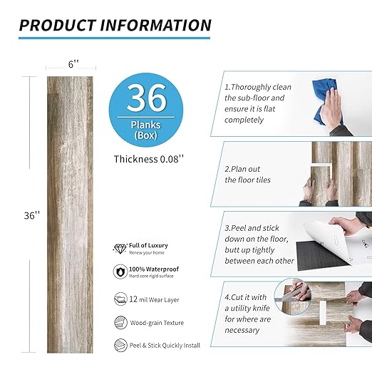 Art3d Peel and Stick Floor Tile Vinyl Wood Plank 36-Pack 54 Sq.Ft, Old Wood, Rigid Surface Hard Core Easy DIY Self-Adhesive Flooring