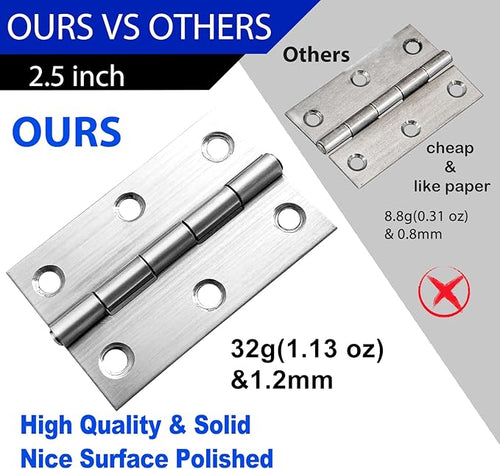 12 PCS 2.5 inches Modern Stainless Steel Hinges, Silver, Brushed, Polished, Surface Mount, 12 Count