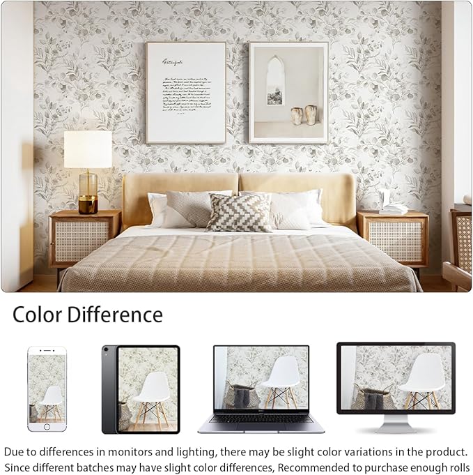 Naphite Gray Floral Peel and Stick Wallpaper Boho Farmhouse 197in17.3in | Watercolor Eucalyptus Leaf, Thicken,Self Adhesive Wallpaper for Renter Bedroom Bathroom, Removable,Contact Paper for Cabinets