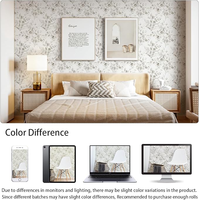 Naphite Gray Floral Peel and Stick Wallpaper Boho Farmhouse 78.7in17.3in | Watercolor Eucalyptus Leaf, Thicken,Self Adhesive Wallpaper for Renter Bedroom Bathroom, Removable,Contact Paper for Cabinets