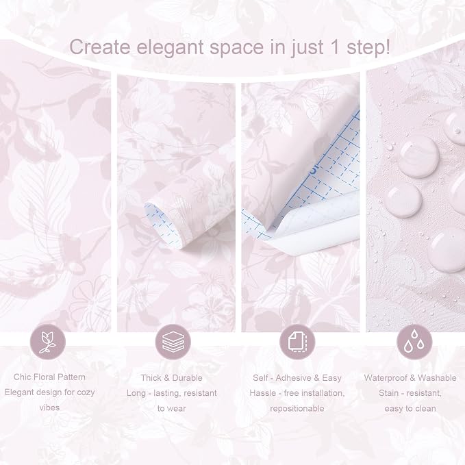 17.3" X 393" Peel and Stick Wallpaper Floral Boho Pink Contact Paper Bird Cute Girl Modern Wall Paper Renter Friendly Waterproof Removable Self Adhesive Bedroom Kitchen Dorm Cabinets Vinyl
