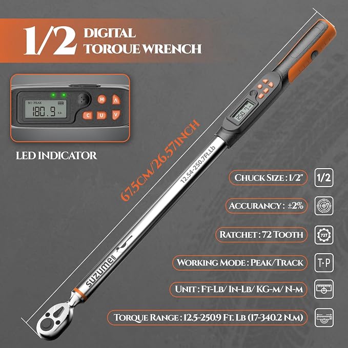 Digital Torque Wrench 1/2 Drive (12.5-250.7 Ft. Lb/ 17-340 N.m) | ±2% Accuracy with Certify Beep and LED Alarm Peak & Track Dual-Direction Auto Truck SUV Vehicle Tire Machine