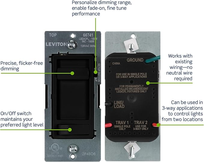 Leviton SureSlide LED Advanced Dimmer Switch for 150W Dimmable LED, Halogen and Incandescent Bulbs and Fixtures, 66741-E, Black