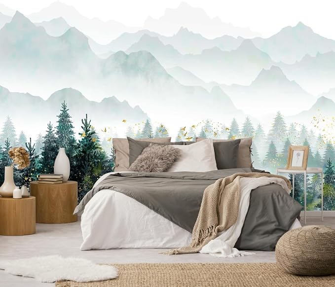 Toolhom Hazy Forest Wallpaper with Gold flecks, Misty Mountain Peaks Mural | 170"x108" non-self-adhesive nature landscape wall mural